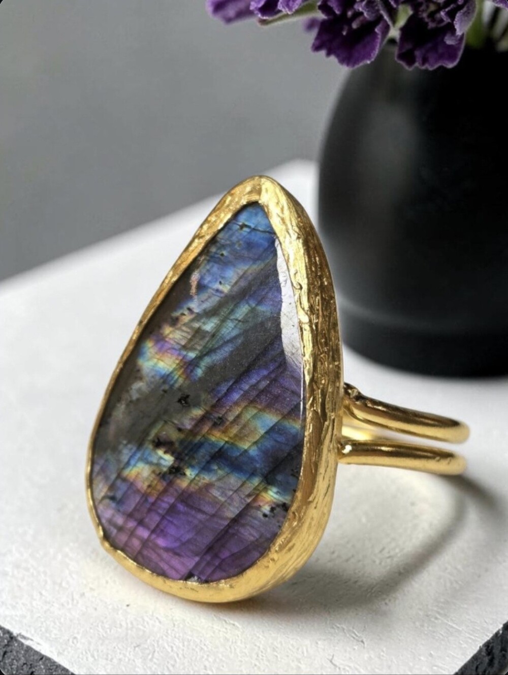Best 22k Gold Plated Teardrop Genuine Rainbow Flash Labradorite Statement Ring